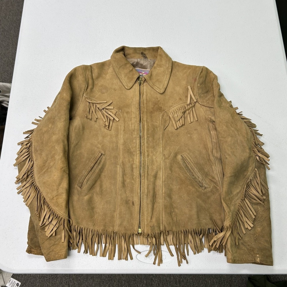 50s/60s Californian Fringe Suede Jacket Women 12 Tan Western Vintage Zip Up H1